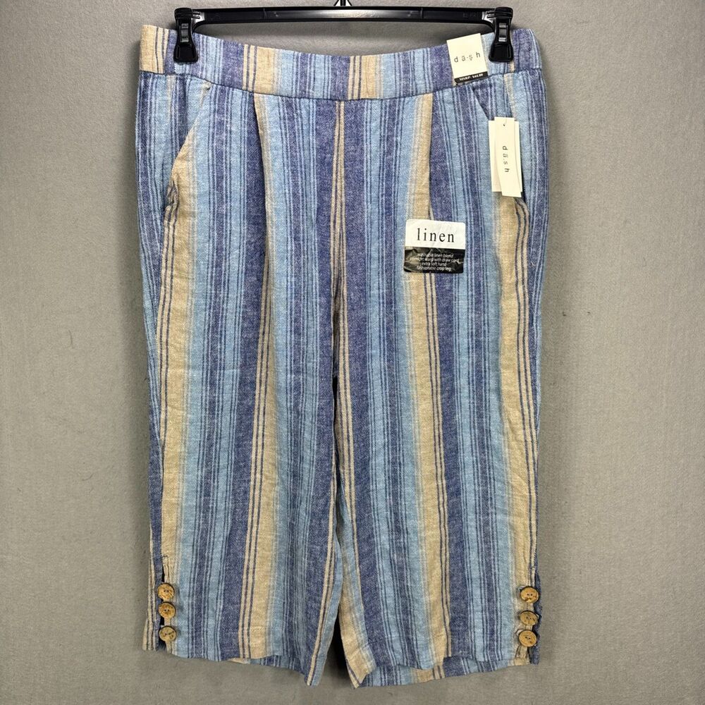NWT Dash Women's L Linen Blend Capri Pants Cream Blue Stripe Coastal Beach